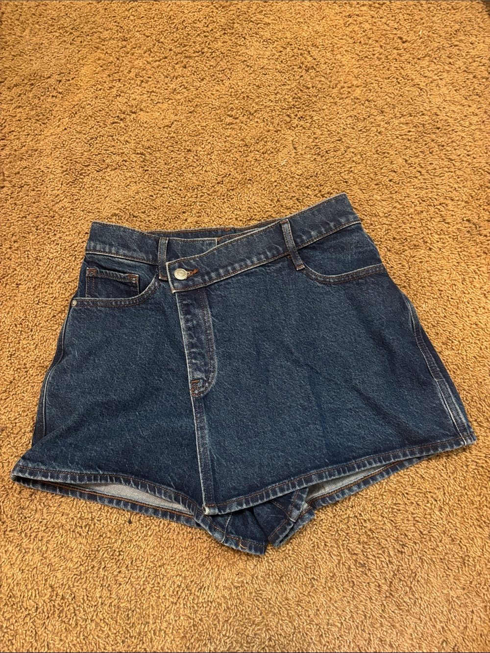 Express High-Rise Dark Blue Denim Wrap-Front Jean Shorts